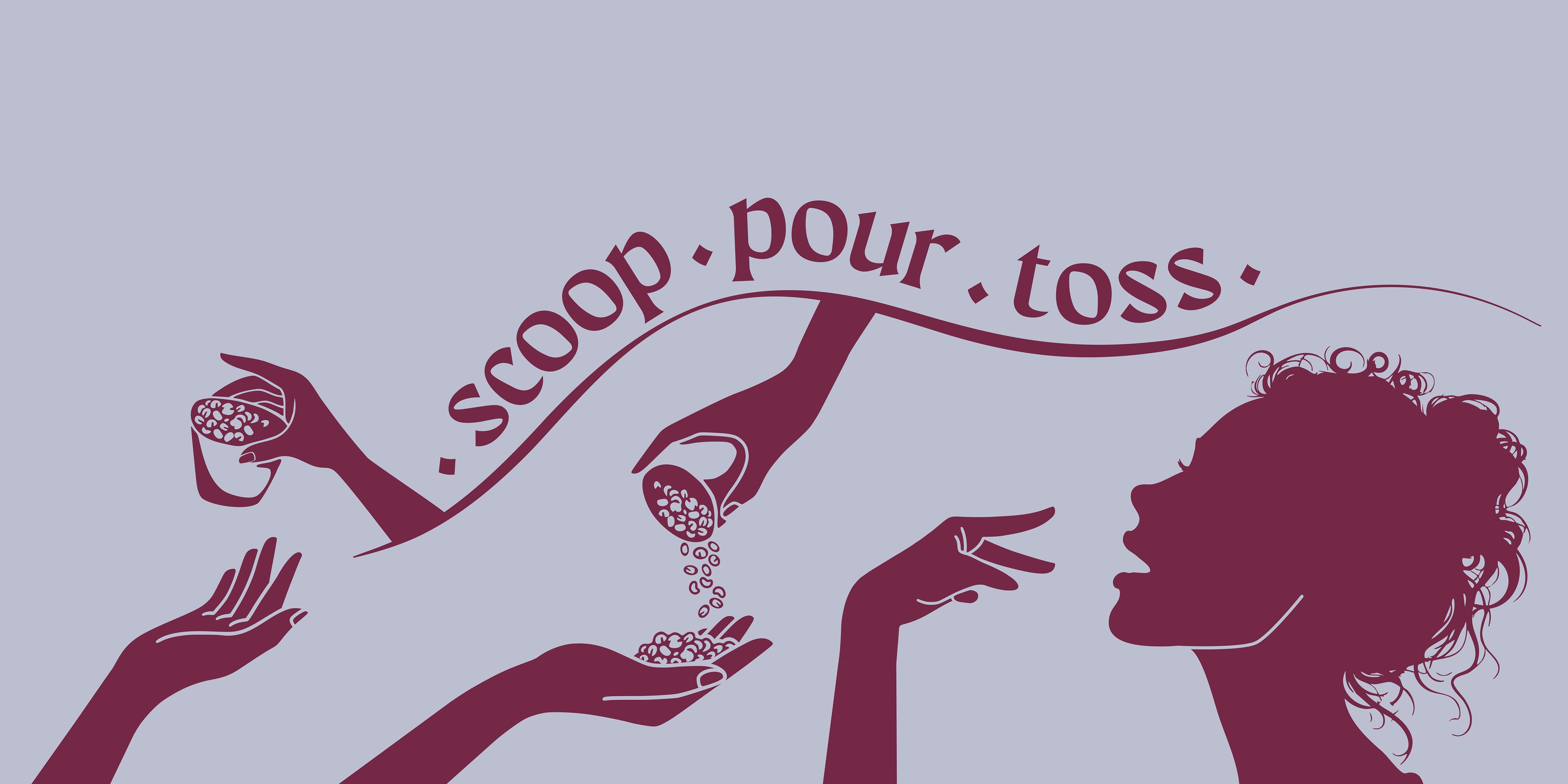 Silhouette of a woman receiving a handful of snack mix from hands, with text 'scoop pour toss' on a light purple background.