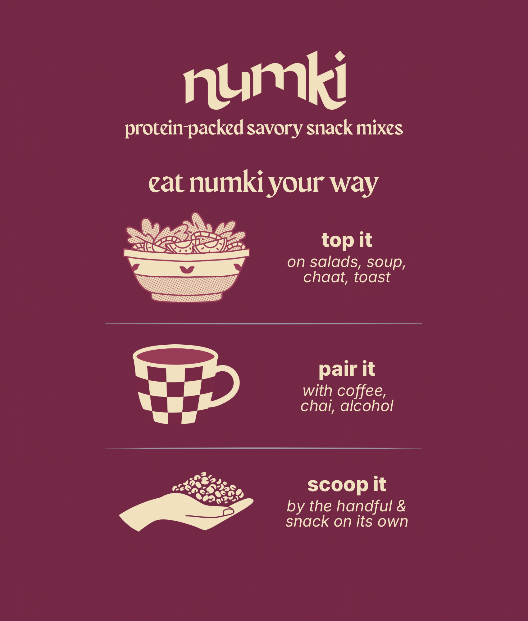 Promotional graphic showing how to eat Numki savory snack mixes